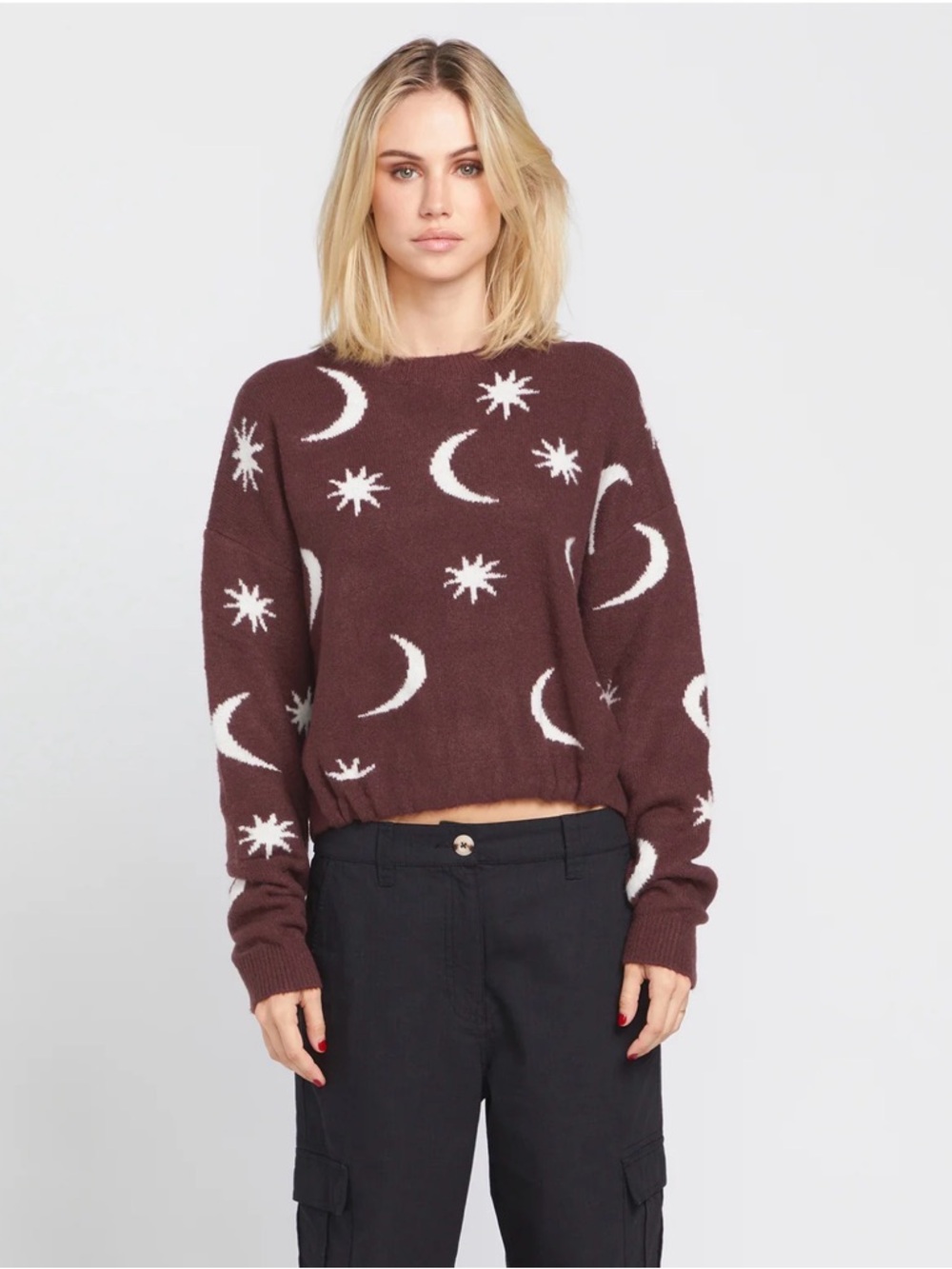 Volcom Nyte Stone Moon & Stars Crewneck Sweater - Espresso size L NWOT